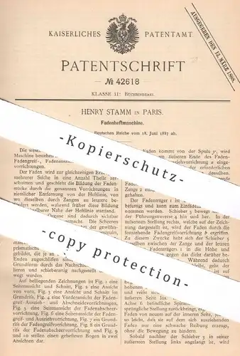 original Patent - Henry Stamm , Paris , Frankreich , 1887 , Fadenheftmaschine | Heftmaschine | Buchbinderei