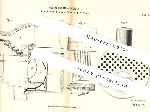 original Patent - J. N. Moerath , London , England , 1884 , Rauchverzehrende Feuerung | Ofen , Heizung , Schornstein !!!