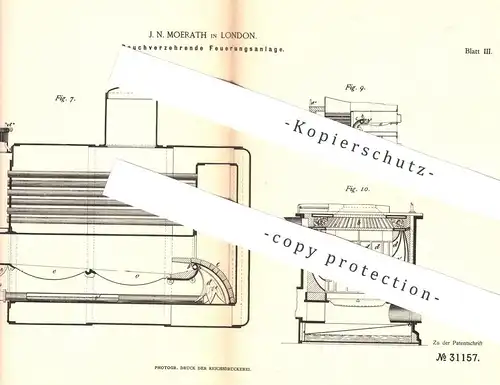 original Patent - J. N. Moerath , London , England , 1884 , Rauchverzehrende Feuerung | Ofen , Heizung , Schornstein !!!