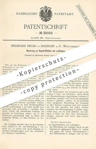 original Patent - Ferdinand Rieger , Esslingen / Stuttgart  1886 , Regulierfüllofen mit Luftzug | Ofen , Füllofen , Öfen