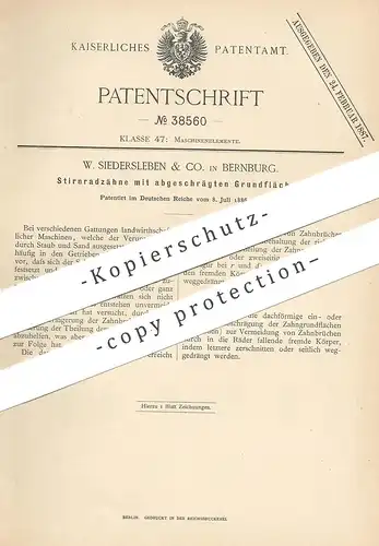original Patent - W. Siedersleben & Co. , Bernburg , 1886 , Stirnradzahn | Zahnrad , Zahnräder | Stirnrad | Maschinen !!