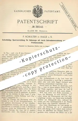 original Patent - F. Schulten , Halle / Saale , 1886 , Sperrvorrichtung für Hebezeug | Aufzug , Lastenzug , Fahrstuhl !