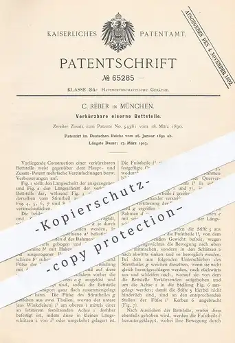 original Patent - C. Reber , München , 1892 , Verkürzbares eisernes Bett | Betten , Möbel , Bettgestell , Couch , Sofa !