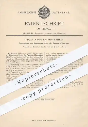 original Patent - Oscar Helmes , Hildesheim , 1898 , Schutzwände mit Gasabzugsschloten für Sammler Elektroden , Elektrik