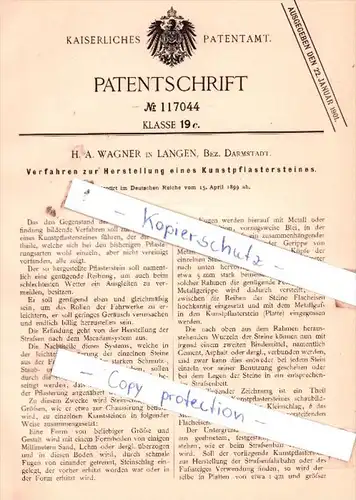 Original Patent  - H. A. Wagner in Langen, Bez. Darmstadt , 1899 , Herstellung eines Kunstpflastersteines !!!