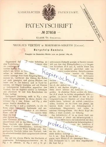 Original Patent - Nicolaus Vertesy in Marmaros-Szigeth , Ungarn , 1884 , Bergsteig-Sandale , Bergsteiger !!!