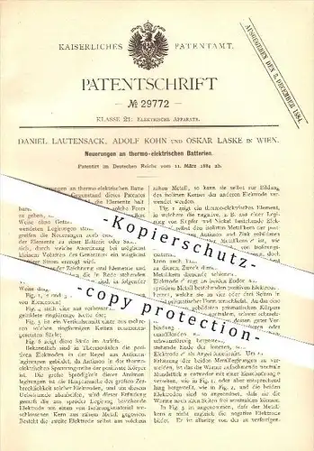 original Patent -  D. Lautensack , A. Kohn , O. Laske in Wien , 1884 , Neuerungen an thermoelektrischen Batterien !!!