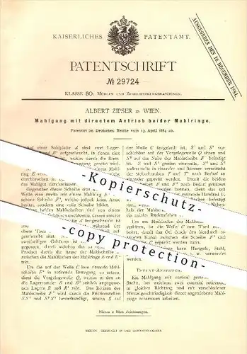 original Patent - Albert Zipser in Wien , 1884 , Mahlgang mit direktem Antrieb beider Mahlringe , Mühlen !!!