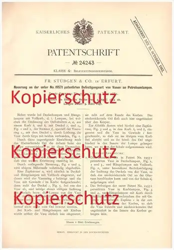 Original Patent - Fr. Stübgen & Co. Erfurt , 1883 , Petroleumlampen mit Vasen !!!