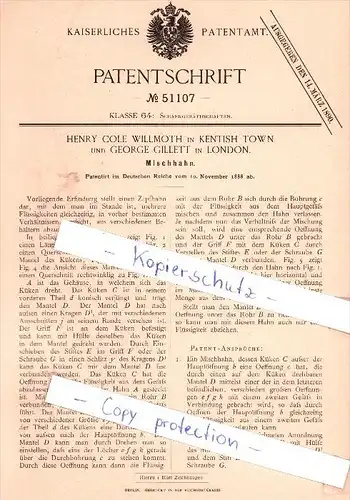 Original Patent - H. Cole Willmoth in Kentish Town und G. Gillet in London , 1888 , Mischhahn !!!