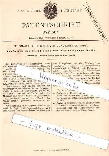 Original Patent - T. Henry Cobley in Dunstable , England , 1882 , Herstellung von mineralischem Weiß !!!