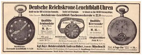 original Werbung - 1916 - Reichskrone - Leuchtblattuhren , Uhr , Uhren , Fabrik A. Huber in München !!!