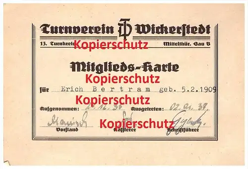 Turnverein Wickerstedt / Bad Sulza , Mitgliedsausweis 1935 , Erich Bertram , Turnen , Sport , Verein !!!