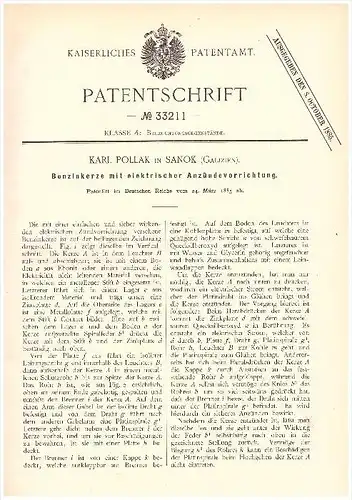 original Patent - Karl Pollak in Sanok , 1885 , Benzinkerze mit elektrischem Anzünder , Leuchter !!!