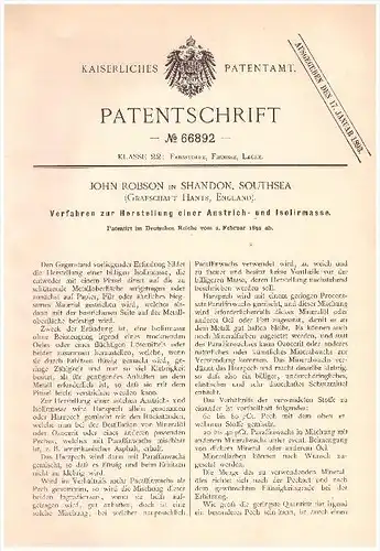 Original Patentschrift -John Robson in Shandon , Southsea ,1892,Insulating compound for coating, paint , painter , Hants