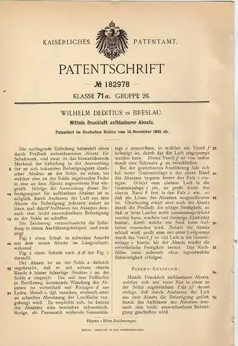 Original Patentschrift - W. Deditius in Breslau , 1905 , aufblasbarer Absatz für Schuhe , Sohle , Schuhmacher !!!