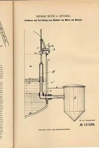 Original Patentschrift - H. Bock in Apolda ,1901 , Maische - Abzieher , Brauerei , Brauen , Bier !!!