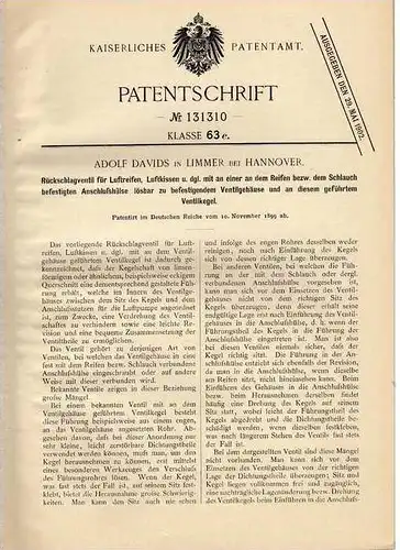 Original Patentschrift - A. Davids in Limmer b. Hannover ,1899 ,  Luftreifen , Ventil , Pneu !!!