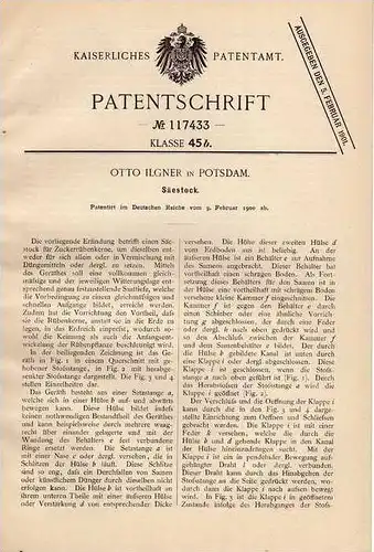 Original Patentschrift - O. Ilgner in Potsdam ,1900, Säestock , Landwirtschaft , Gartenbau !!!