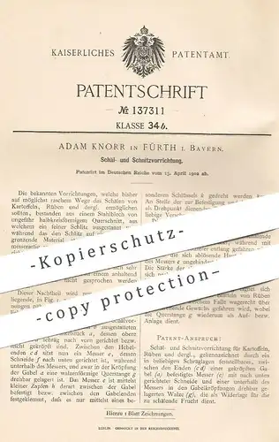 original Patent - Adam Knorr , Fürth / Bayern , 1902 , Vorrichtung zum Schälen , Schnitzen | Kartoffeln , Rüben | Zucker