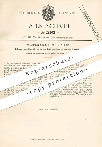 original Patent - Wilhelm Seck , Bockenheim , 1885 , Griesputzmaschine | Mühle , Mühlen , Müller , Müllerei !!