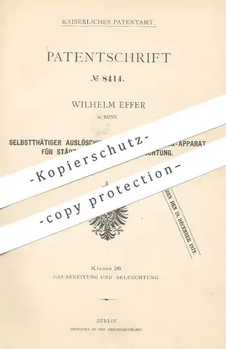 original Patent - Wilhelm Effer , Bonn , 1878 , Anzünden u. Löschen von Straßenbeleuchtung | Laterne , Lampe , Licht !!