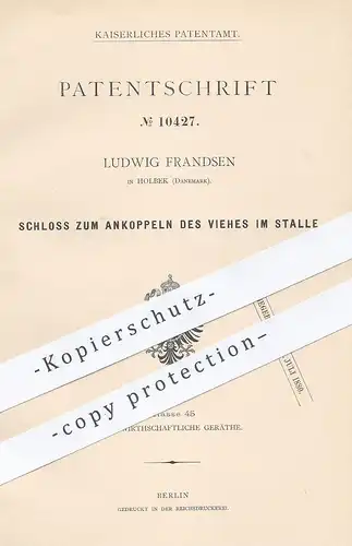 original Patent - Ludwig Frandsen , Holbek , Dänemark , 1879 , Schloss zum Ankoppeln von Vieh | Tierzucht , Pferde , Kuh