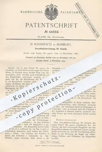 original Patent - H. Sohnholtz , Hamburg , 1887 , Verschluss für Knöpfe | Knopf | Schneider , Kleidung , Nähen !!