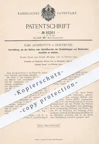 original Patent - Karl Andreovits , Dortmund , 1896 , Drahtleitungen am Stellwerk | Eisenbahn , Weiche , Eisenbahnen !!