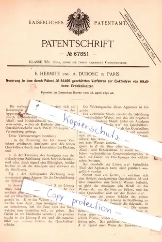 original Patent - E. Hermite und A. Dubosc in Paris , 1892 , Elektrolyse von Alkali- bezw. Erdkalisalzen !!!