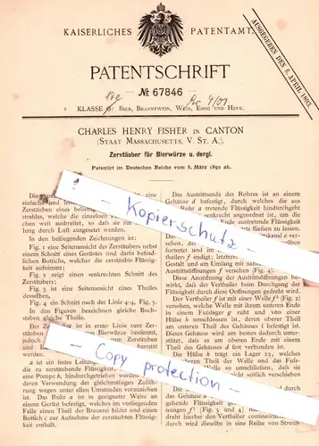 original Patent -  Charles Henry Fisher in Canton , 1892 , Zerstäuber für Bierwürze u. dergl. !!!