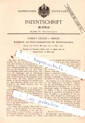 original Patent - Robert Ziegler in Berlin , 1892 , Kehrdreh- und Kehrschubgetriebe für Arbeitsspindeln !!!