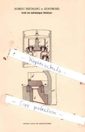 original Patent - Robert Reichling in Dortmund , 1892 , Ventil mit mehrteiligem Sitzkörper !!!