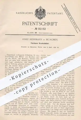 original Patent - Josef Herrmann in München , 1896 , Fahrbarer Krankenheber | Krankentrage , Medizin , Krankhaus , Arzt