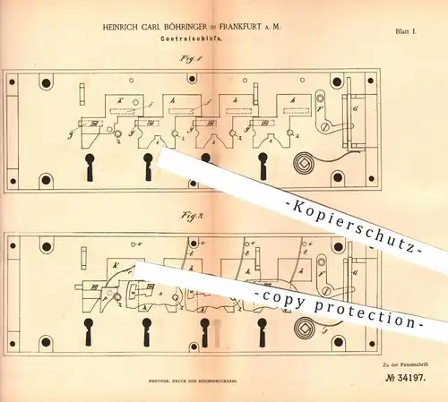 original Patent - Heinrich Carl Böhringer , Frankfurt / Main , 1885 , Kontrollschloss | Schloss , Türschloss , Tür !!!