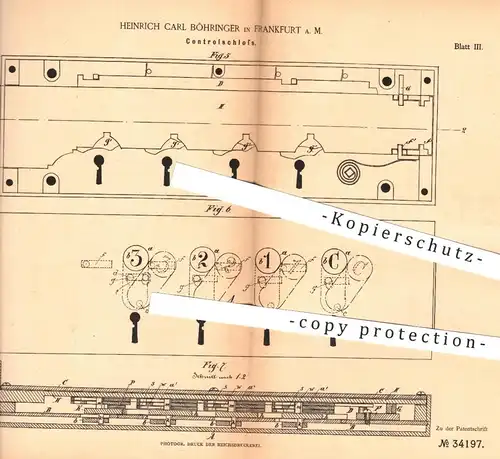 original Patent - Heinrich Carl Böhringer , Frankfurt / Main , 1885 , Kontrollschloss | Schloss , Türschloss , Tür !!!