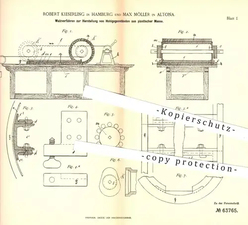 original Patent - Robert Kieserling , Max Möller , Hamburg Altona , 1891 , Walzverfahren für Hohlkörper | Walze , Walzen