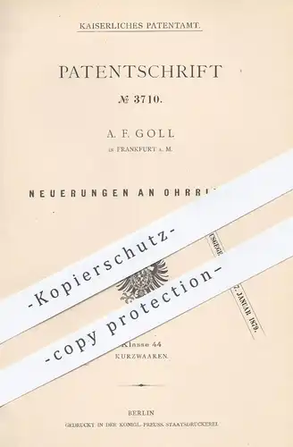 original Patent - A. F. Goll in Frankfurt am Main , 1878 , Ohrring , Ohrringe | Schmuck , Goldschmied , Gold !!!