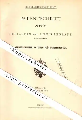 original Patent - Desjardin und Louis Legrand in Saint Quentin , 1879 , Flüssigkeitsmesser !!!