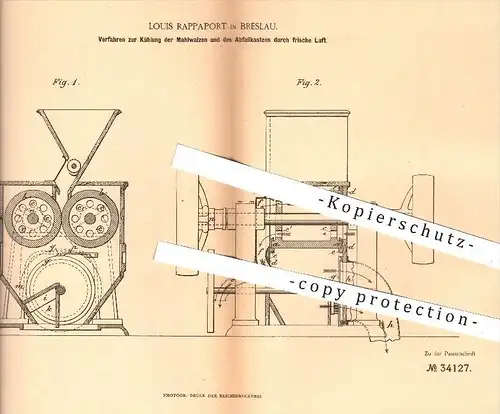 original Patent - Louis Rappaport in Breslau , 1885 , Kühlung der Mahlwalzen , Walzen , Mühle , Mühlen , Mehl , Müllerei