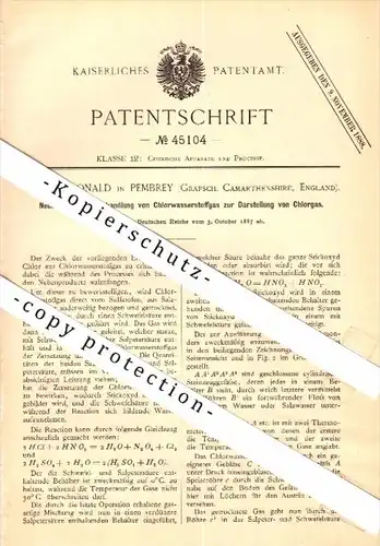 Original Patent - W. Donald in Pembrey , Carmarthenshire , 1887 , Recovery of chlorine from hydrogen gas !!!