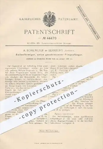 original Patent - A. Kohlmeyer in Bernburg , 1888 , Ballonförmiger , unten geschlossener Fliegenfänger , Insekten !!!