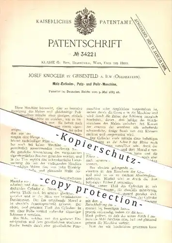 original Patent - Josef Knogler in Geisenfeld , 1885 , Maschine zum Entkeimen , Putzen u. Polieren von Malz / Bier !!!