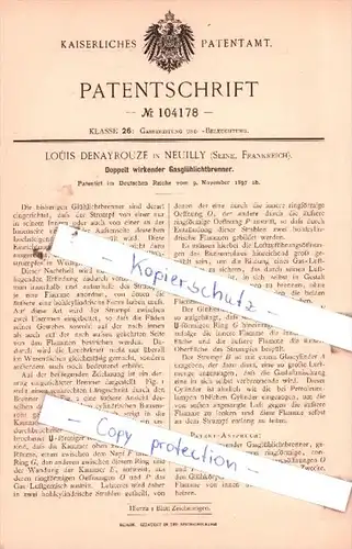 Original Patent  - L. Denayrouze in Neuilly , Seine, Frankreich , 1897 , Gasglühlichtbrenner !!!