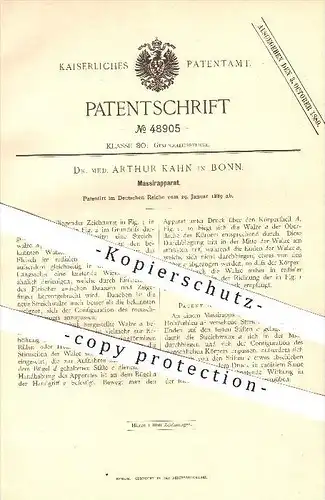 original Patent - Dr. med. Arthur Kahn , Bonn , 1889 , Apparat zum Massieren , Massage , Gesundheit , Medizin , Körper !