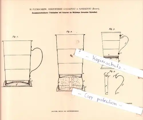 Original Patent  - M. Flürscheim, Eisenwerke Gaggenau , Baden , 1883 , Trinkbecher !!!