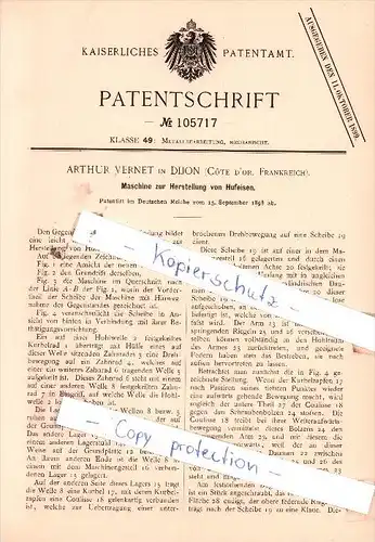 Original Patent  - A. Vernet in Dijon , Cote D`or, Frankreich , 1898 , Herstellung von Hufeisen !!!