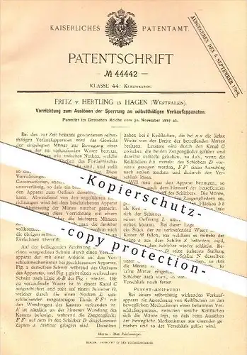 original Patent - Fritz v. Hertling , Hagen 1887 , Auslösen der Sperrung an Verkaufapparaten , Kasse , Kassen , Automat