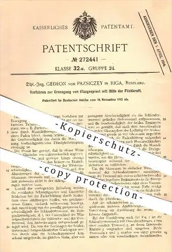 original Patent - Gedeon von Pazsiczky , Riga , Russland , 1912 , Erzeugung von Glasgespinst mit Fliehkraft , Glas !!!