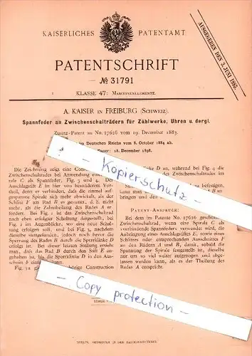 Original Patent  - A. Kaiser in Freiburg , Schweiz 1884 ,  Zählwerk für Uhren , Uhrmacher !!!